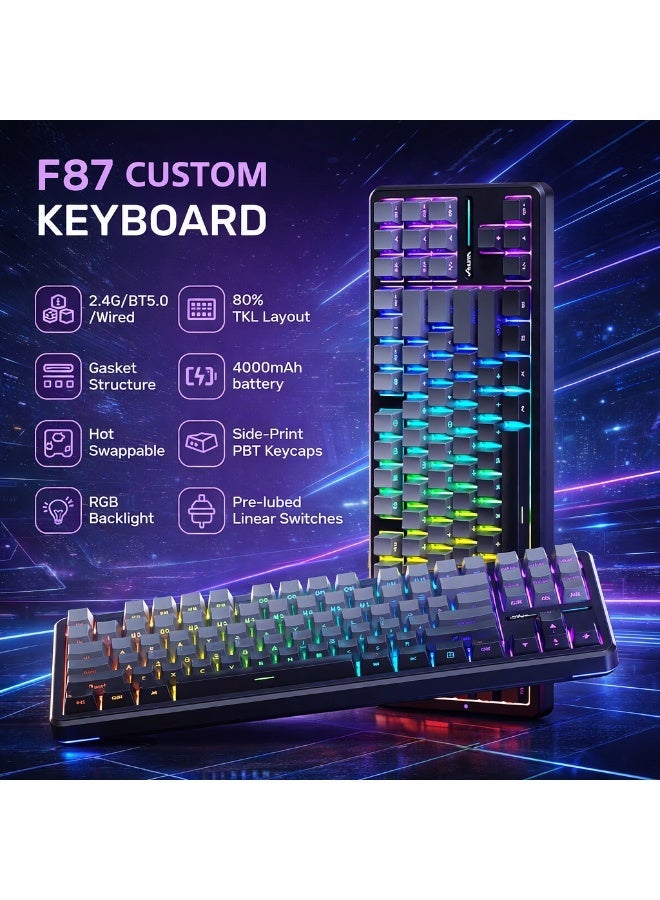 AULA F87 Mechanical Keyboard, Tri-mode Wireless Side-printed Keycaps, Bluetooth 5.0/2.4GHz/USB-C Hot-swappable, Pre-lubricated Switches, 75% TKL RGB Gaming Keyboard (Gradient Gray, Space Crystal Switches) - Image 2